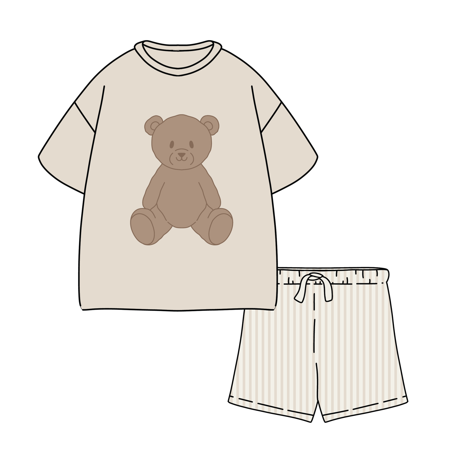 The forever french baby Child Short Set | Teddy features a comfy beige cotton T-shirt with a brown teddy bear and light striped shorts with a drawstring waist—perfect for kids.