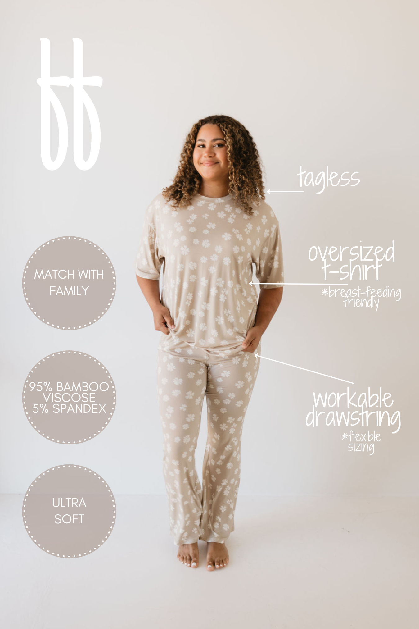 A person stands barefoot in the forever french baby Short Sleeve Women's Bamboo Pajamas | Lazy Daisy, showcasing a beige floral design with an oversized t-shirt and pants that feature a workable drawstring. Made from 95% bamboo viscose and 5% spandex, this hypo-allergenic ensemble is tagless, ultra-soft, and breastfeeding-friendly.