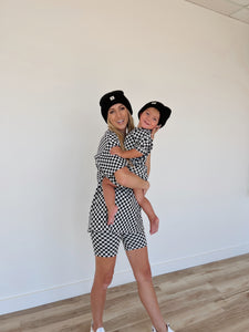 Black & Grey Checkerboard | Women's Short Sleeve Biker Short Set