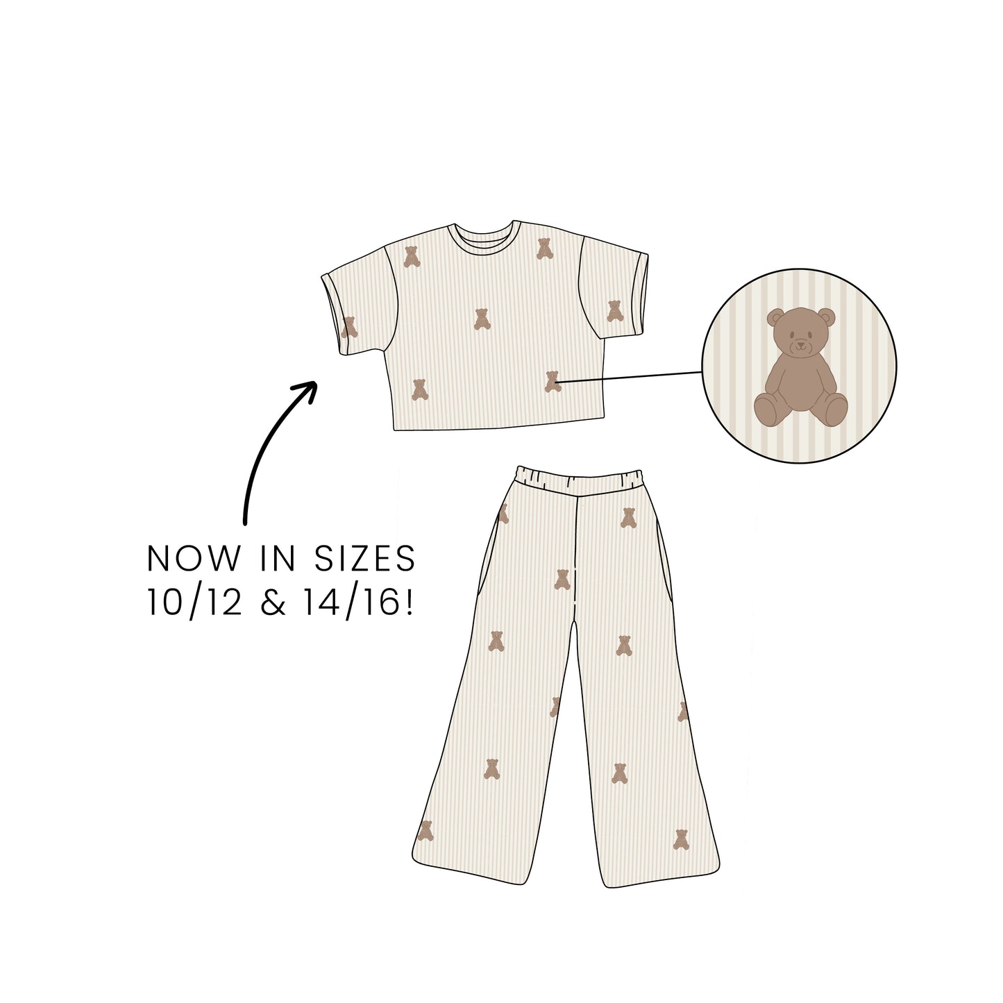 Illustration of the forever french baby Child Boxy Tee Lounge Set | Teddy in beige with a teddy bear print, short-sleeve top, and long pants. Hypo-allergenic kids’ pajamas now available in sizes 10/12 & 14/16!.