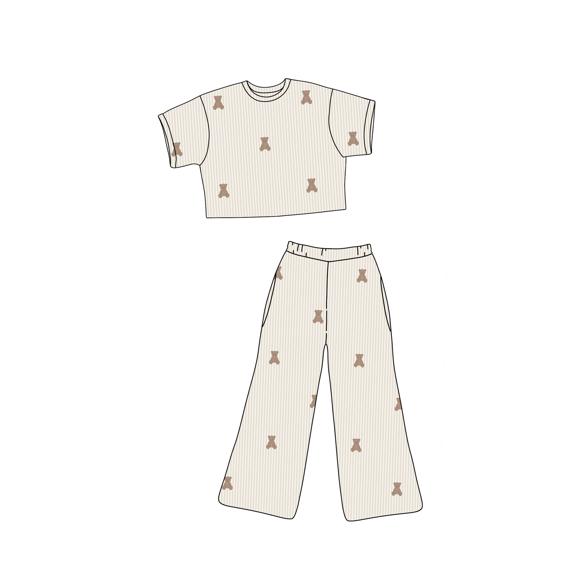 A digital illustration of the forever french baby Child Boxy Tee Lounge Set | Teddy, featuring a cream, thin-striped short-sleeve top and wide-leg pants with brown teddy bear print, crafted from breathable bamboo for ultimate comfort.