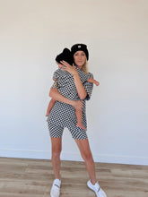 Load image into Gallery viewer, Black &amp; Grey Checkerboard | Short Sleeve Ribbed Romper