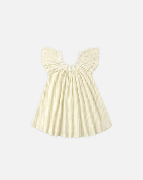 The Rylee + Cru Lucia Dress in Citron Stripe is a light yellow, short-sleeved mini dress featuring pleated detailing and ruffled shoulders, shown against a plain light gray background.