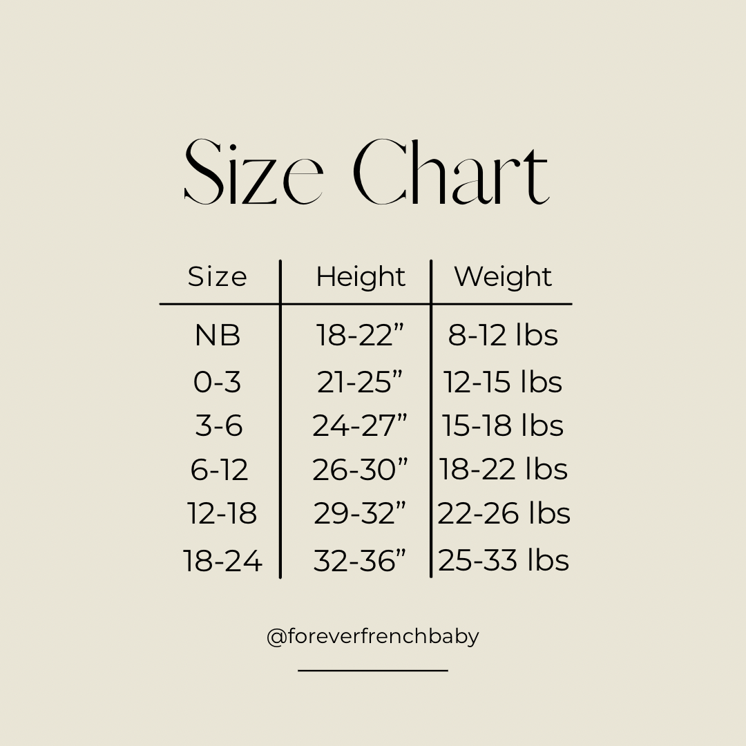 Explore our size chart for the breathable Bamboo Zip Pajamas in Emerald by forever french baby, catering to infants sizes NB to 18-24 months, with height ranges of 18-36 inches and weight from 8-33 pounds. For updates, follow us on Instagram @foreverfrenchbaby!.