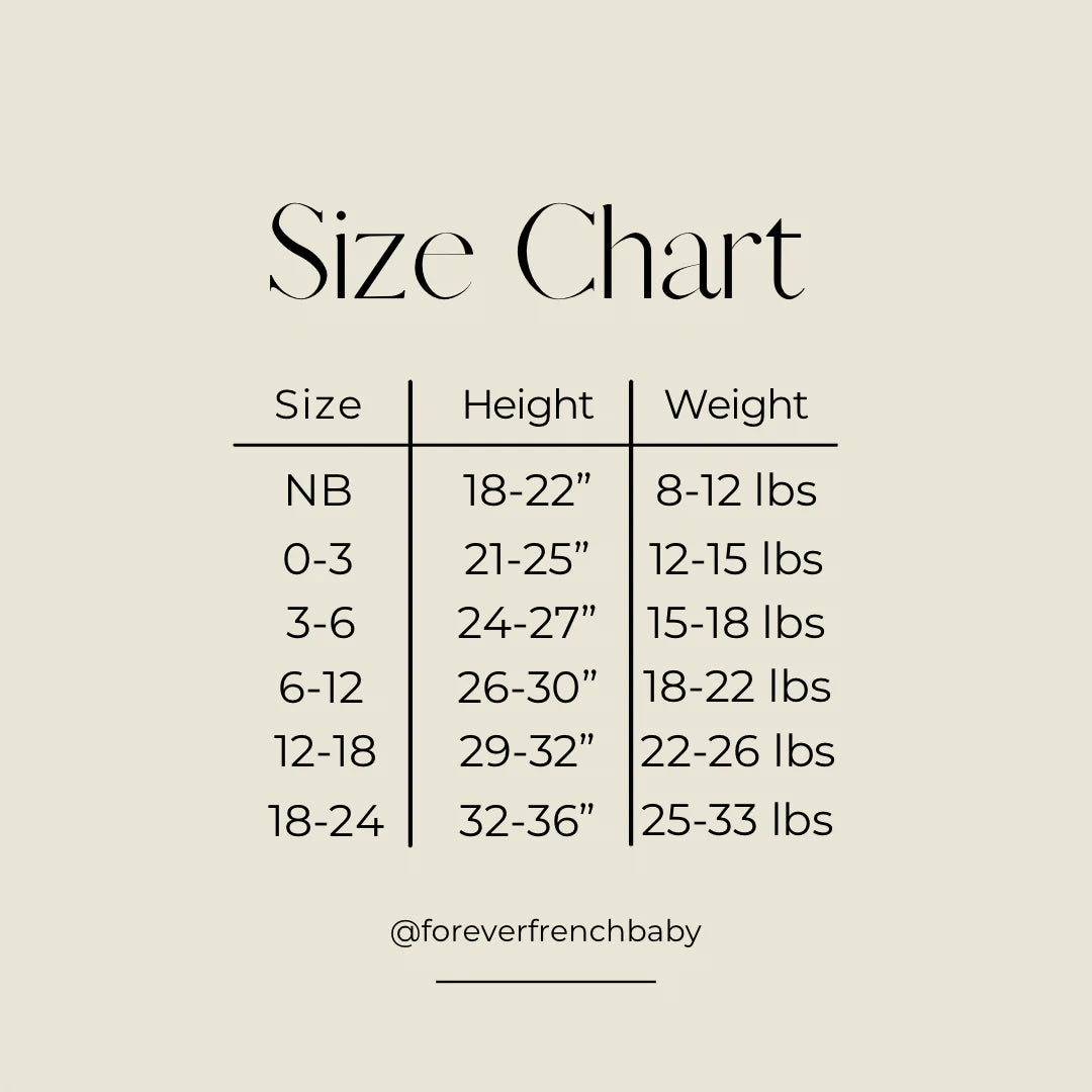 The size chart for the Bamboo Zip Pajamas | Pumpkin Pie by forever french baby categorizes sizes into NB, 0-3, 3-6, 6-12, 12-18, and 18-24 months. Heights range from 18-22 inches to 32-36 inches, and weights range from 8-12 lbs to 25-33 lbs. This information is provided by @foreverf.