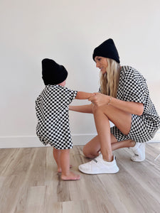 Black & Grey Checkerboard | Short Sleeve Ribbed Romper