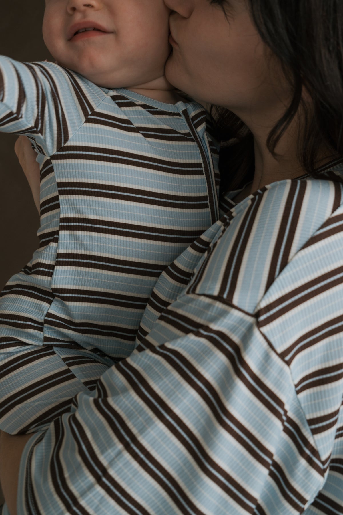 A woman and a toddler wear matching blue and brown striped Women’s Boxy Tee Lounge Set by forever french baby.