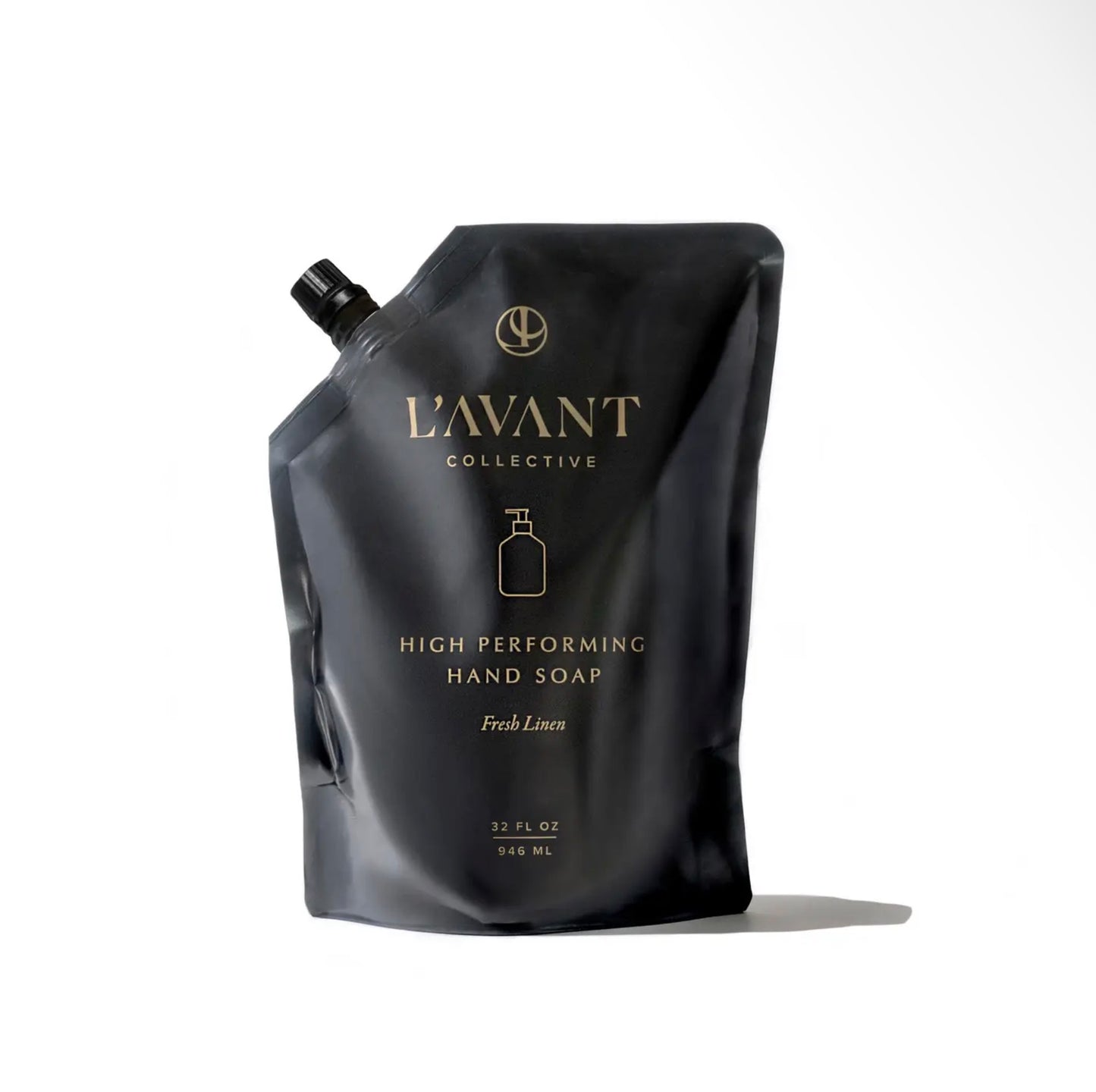 A black refill pouch of forever french baby Hand Soap Refill | L’avant, Fresh Linen scent, featuring gold lettering and a small soap dispenser icon on the front.