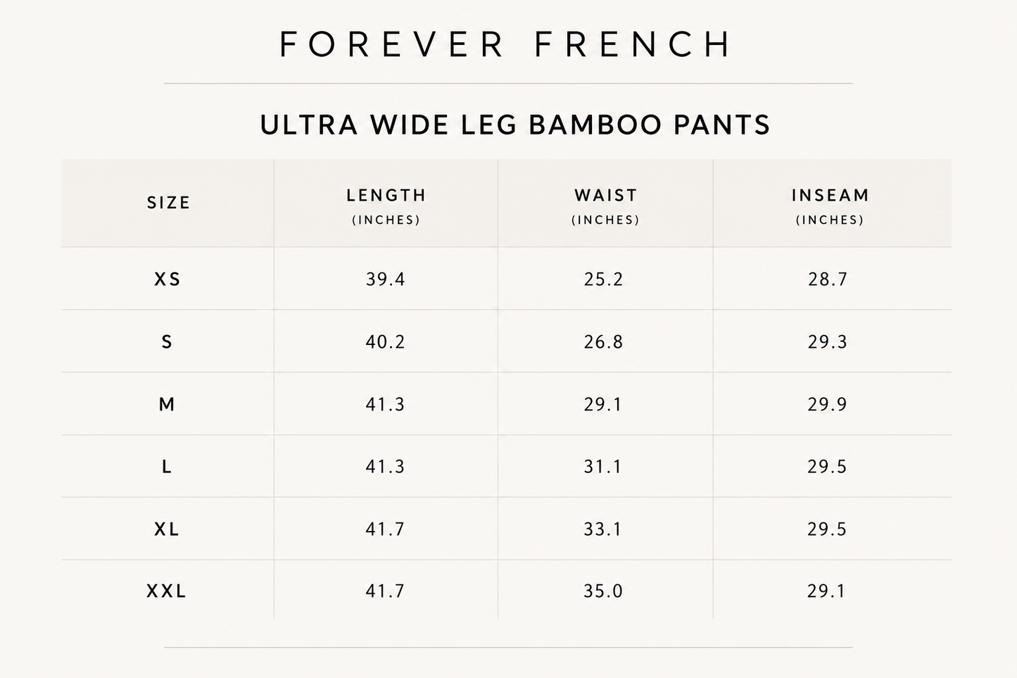 Size chart for forever french baby Women's Bamboo Wide Leg Pants in Cherry Red, featuring breathable fabric and showing XS-XXL sizes with length, waist, and inseam measurements in inches.