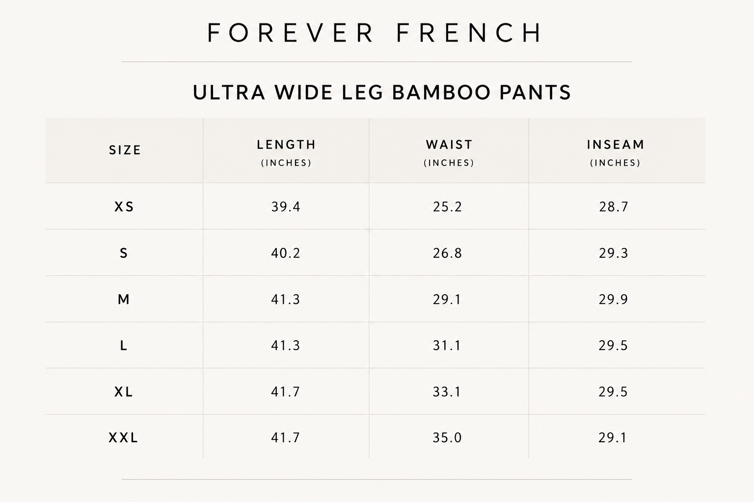 Size chart for forever french baby Women's Bamboo Wide Leg Pants in Cherry Red, featuring breathable fabric and showing XS-XXL sizes with length, waist, and inseam measurements in inches.