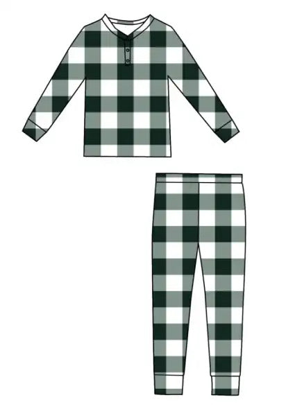 Illustration of a two-piece pajama set, specifically the Bamboo Two Piece Pajamas in Evergreen Gingham by forever french baby. These breathable pajamas feature a long-sleeve top with a buttoned neckline and matching pants with an elastic waistband and cuffs at the ankles.