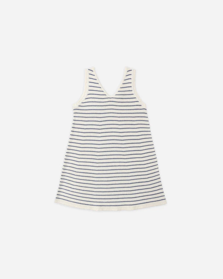 The Rylee + Cru Crochet Tank Mini Dress in Marine Stripe features a sleeveless A-line silhouette with navy blue stripes on white, a V-neckline, and an effortlessly casual design—making it the perfect summer staple.
