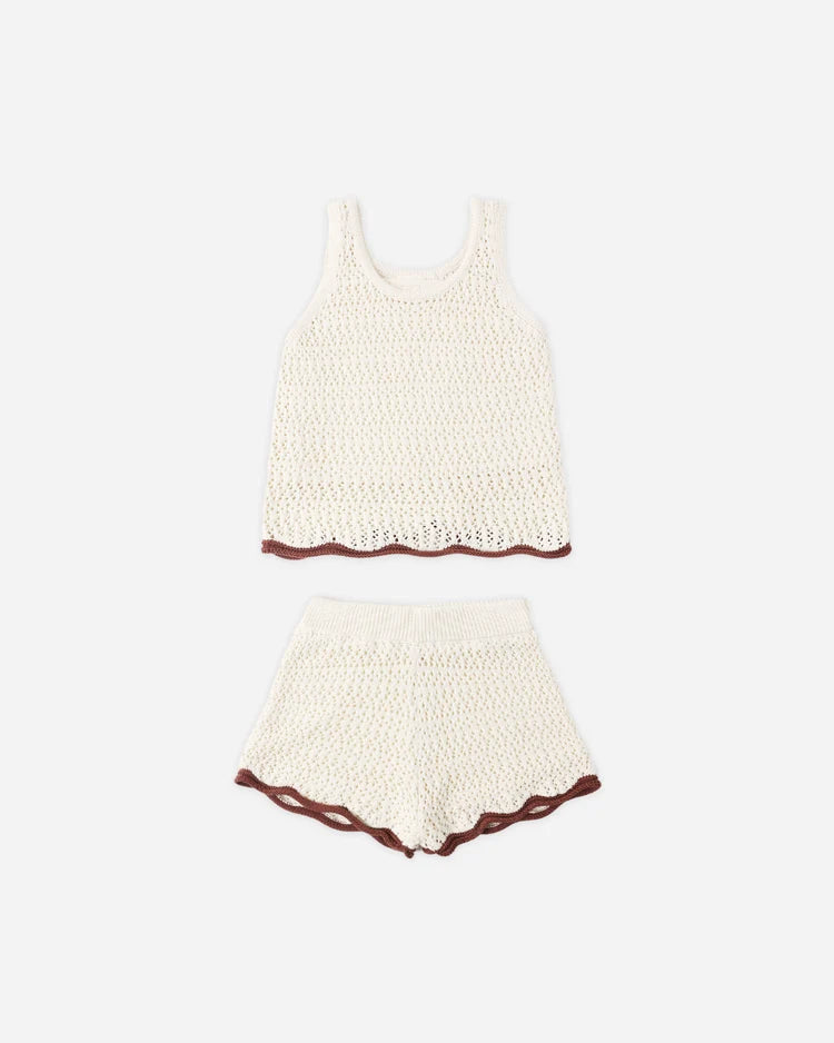 The Rylee + Cru Crochet Tank Set | Natural showcases a cream-colored cotton tank top and coordinating shorts accented with brown trim at the hem, beautifully displayed on a plain white background—an ideal summer staple.