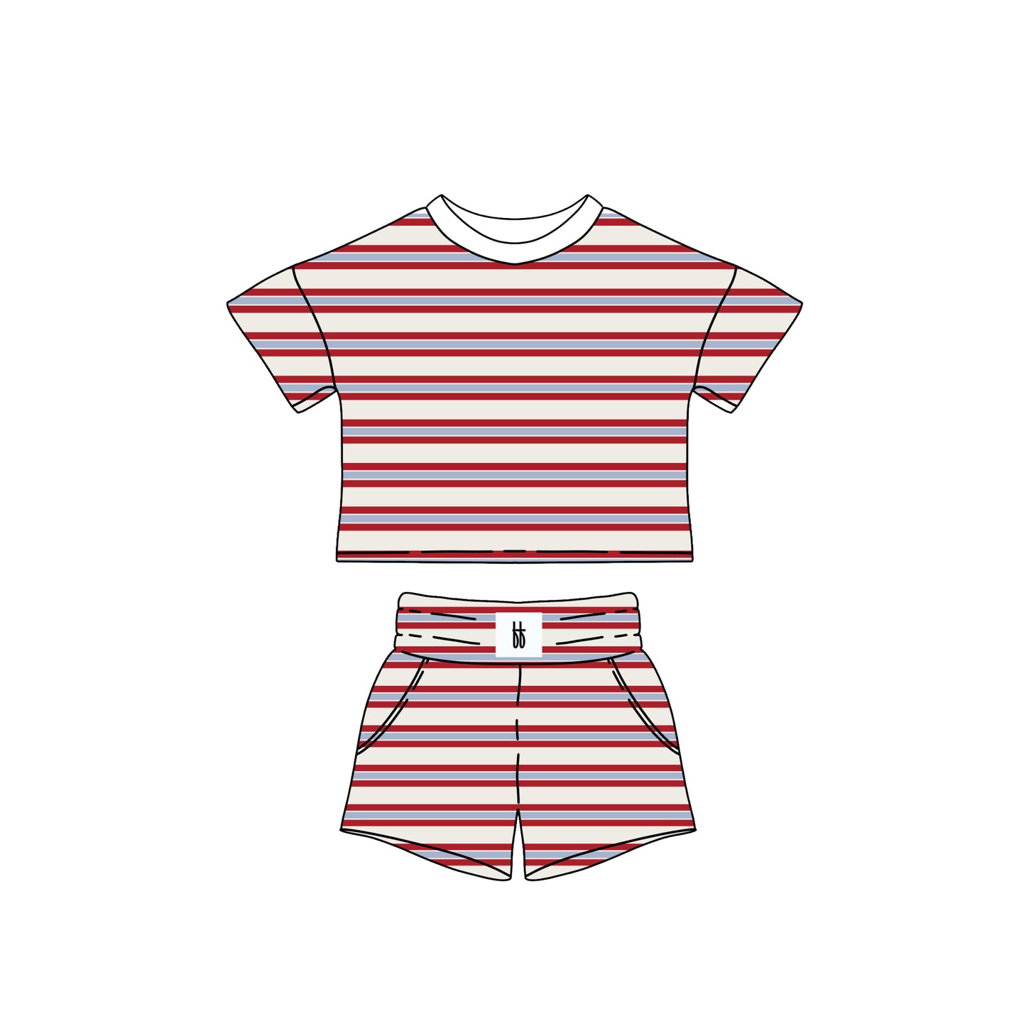 The *PRE-ORDER* Women's Short Set | Heritage Stripe by forever french baby features a relaxed fit with a red and white horizontal striped short-sleeve top and matching shorts, shown on a plain white background.