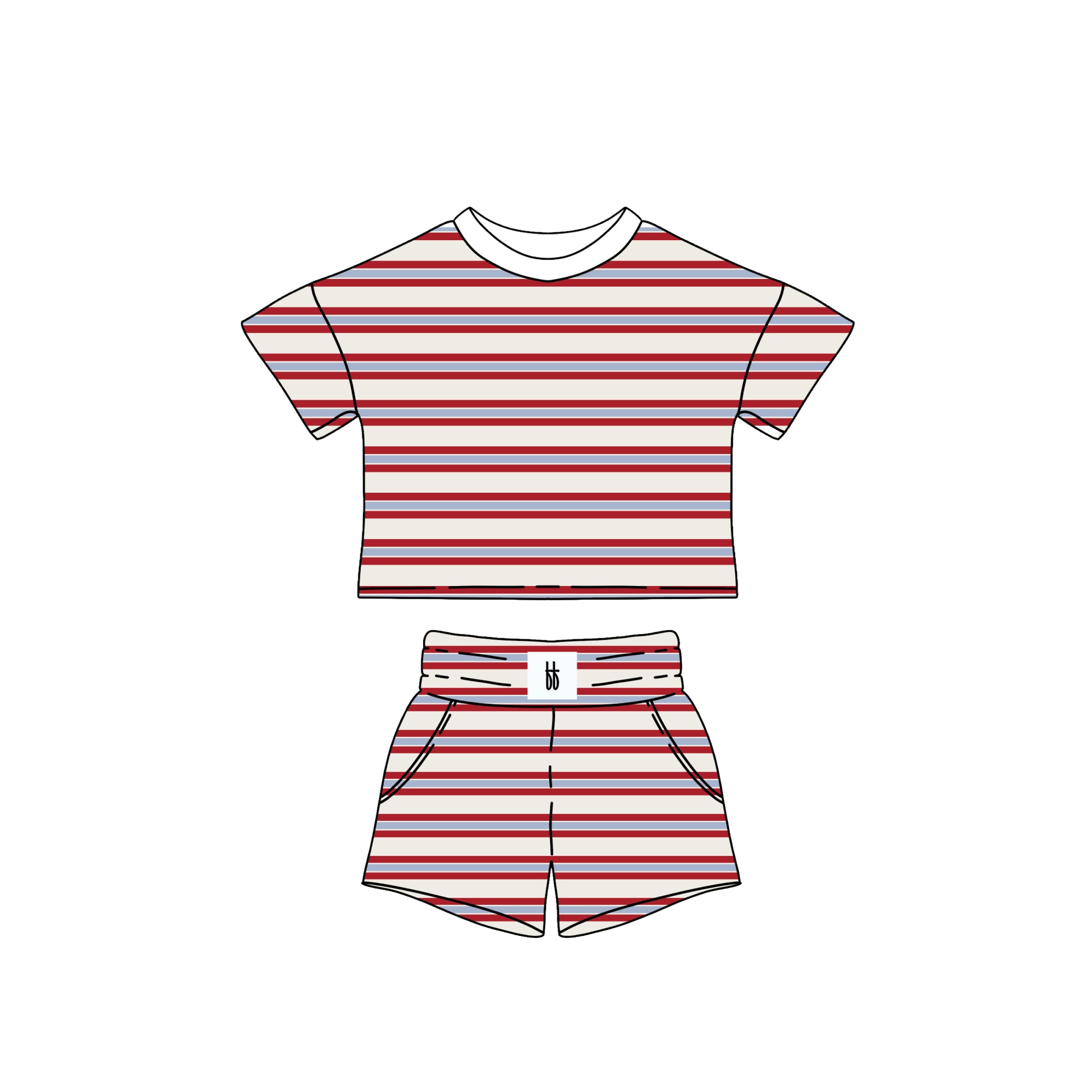 The *PRE-ORDER* Women's Short Set | Heritage Stripe by forever french baby features a relaxed fit with a red and white horizontal striped short-sleeve top and matching shorts, shown on a plain white background.