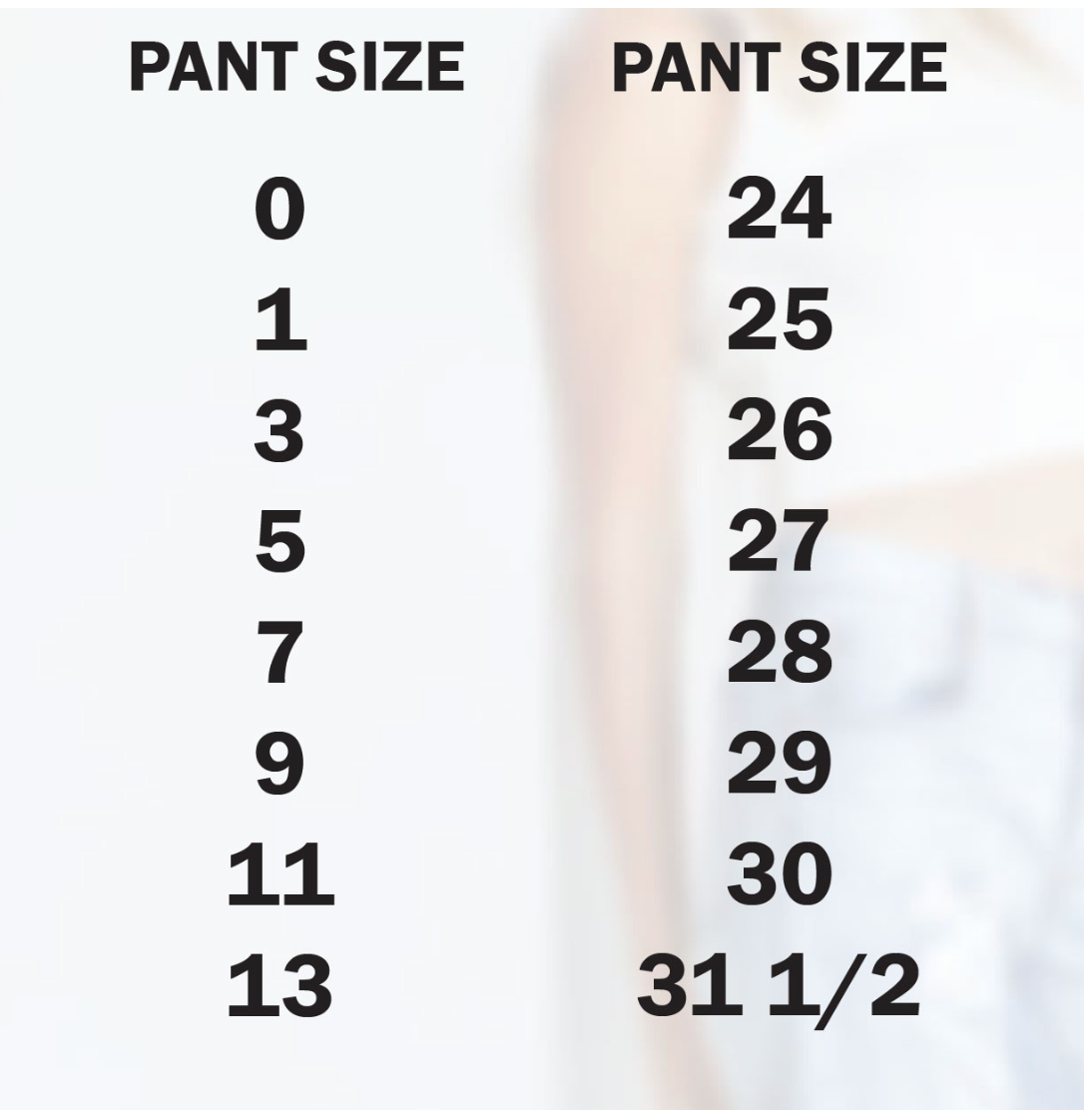 A chart shows pant sizes with the left column listing sizes 0, 1, 3, 5, 7, 9, 11, and 13 and the right column displaying corresponding women's jeans measurements from size 24 to size 31.5. The blurred background offers a peek at someone wearing light-colored High Rise Skater Jeans in medium wash denim from I&M JEAN, INC.