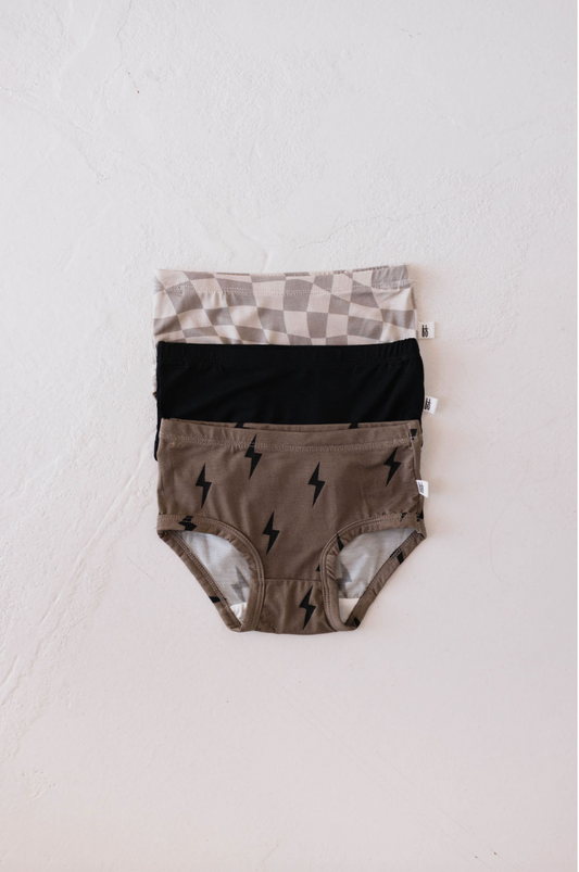 3 Pack Girl's Brief Bamboo Underwear  |Wavy Checker, Lightning  Bolt, Midnight