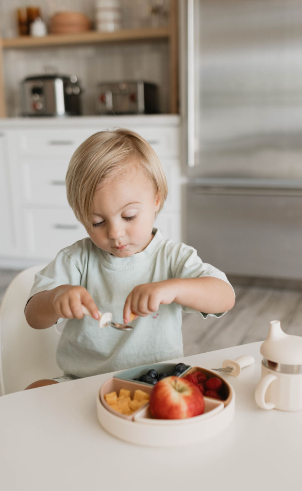 A young child with light hair wearing a mint green shirt sits at a white table. In front of the child is a round plate with various foods, including an apple, berries, and cheese cubes. Using the forever french baby Training Utensil Set with silicone handles to self-feed, the child has a white sippy cup nearby.