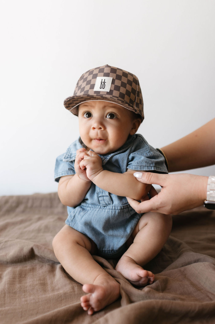 Children s Trucker Hat Faded Brown Checkerboard forever french baby