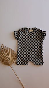 Black & Grey Checkerboard | Short Sleeve Ribbed Romper