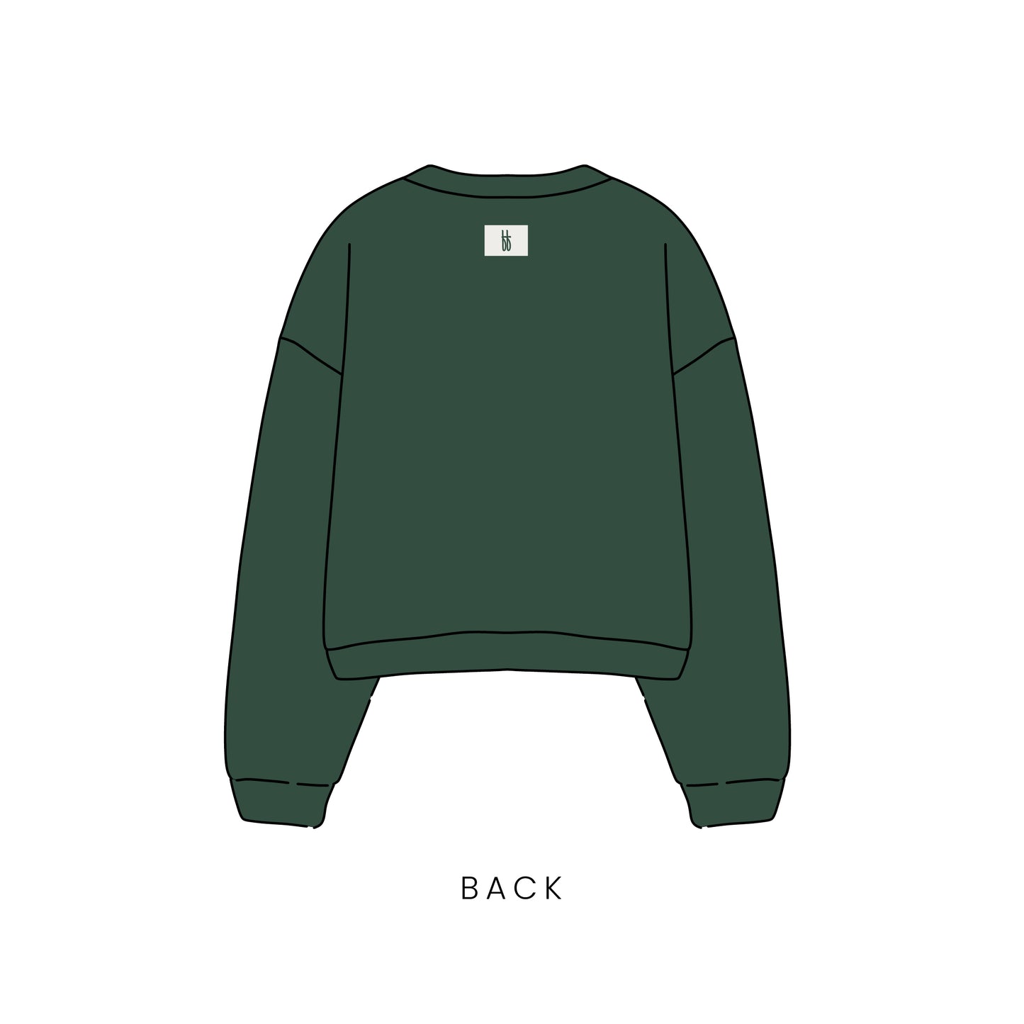 Back view of the forever french baby Adult Sweatshirt | Lucky in dark green with long sleeves and a small white tag at the top. “BACK” is labeled below. Great for matching family outfits or as a St. Patrick’s Day sweatshirt.