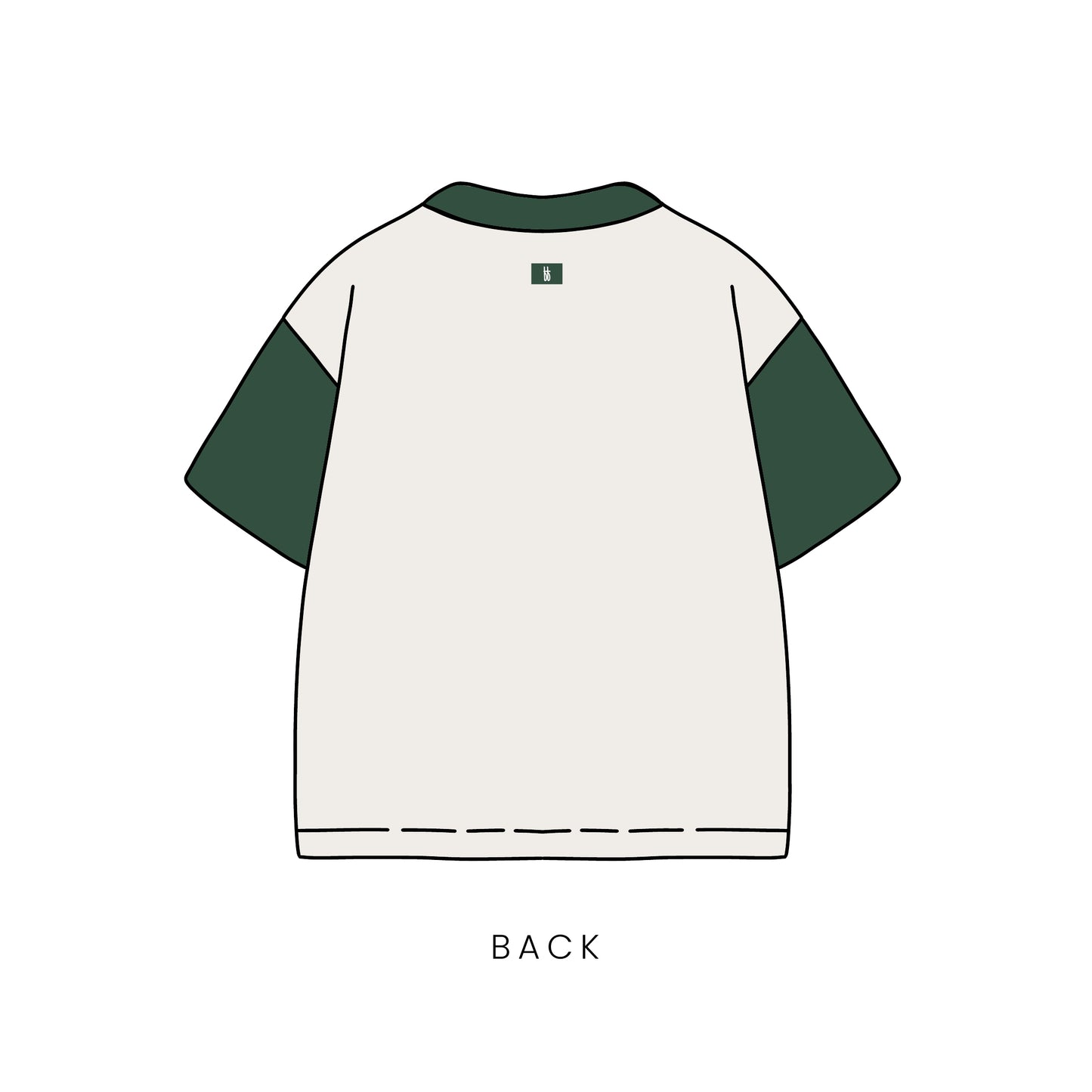Illustration of the back of the Adult Cotton Tee | Lucky by forever french baby, with a cream body, dark green sleeves and collar—ideal for St. Patrick’s Day. A small green square decorates the upper back; “BACK” appears below the shirt.
