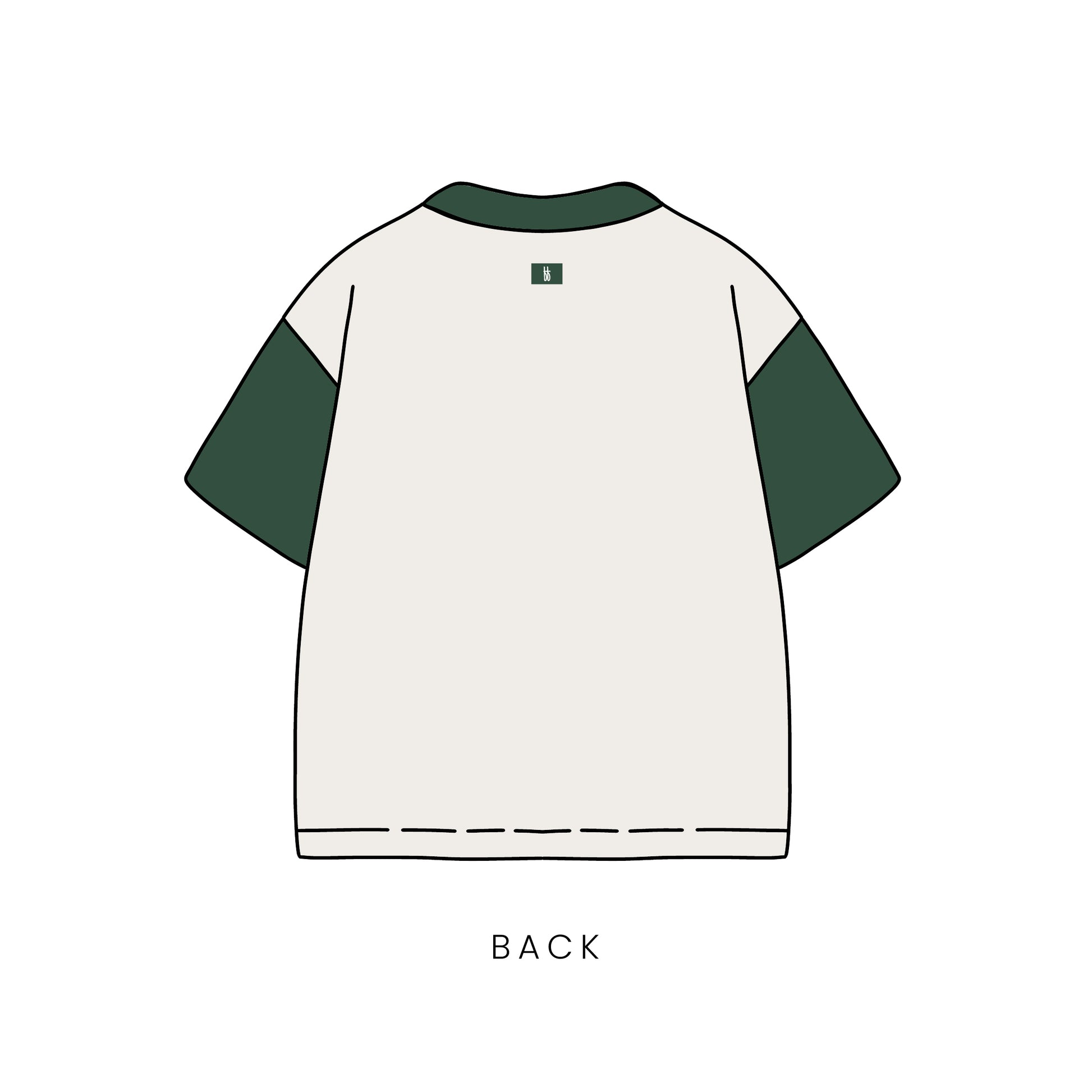 Illustration of the back of the Adult Cotton Tee | Lucky by forever french baby, with a cream body, dark green sleeves and collar—ideal for St. Patrick’s Day. A small green square decorates the upper back; “BACK” appears below the shirt.