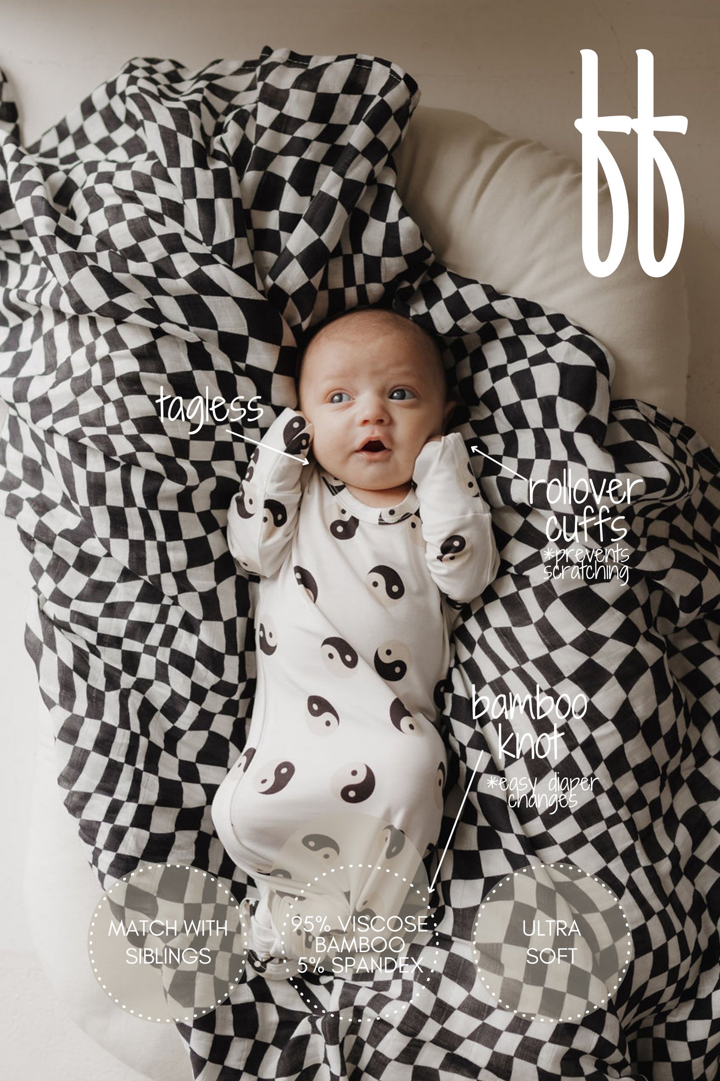 The newborn essential Bamboo Knotted Gown by forever french baby features adorable yin-yang symbols, a checkered blanket design, and hypoallergenic 95% viscose bamboo and 5% spandex. Enjoy tagless comfort, rollover cuffs, knot accessibility, and coordinating sibling outfits.