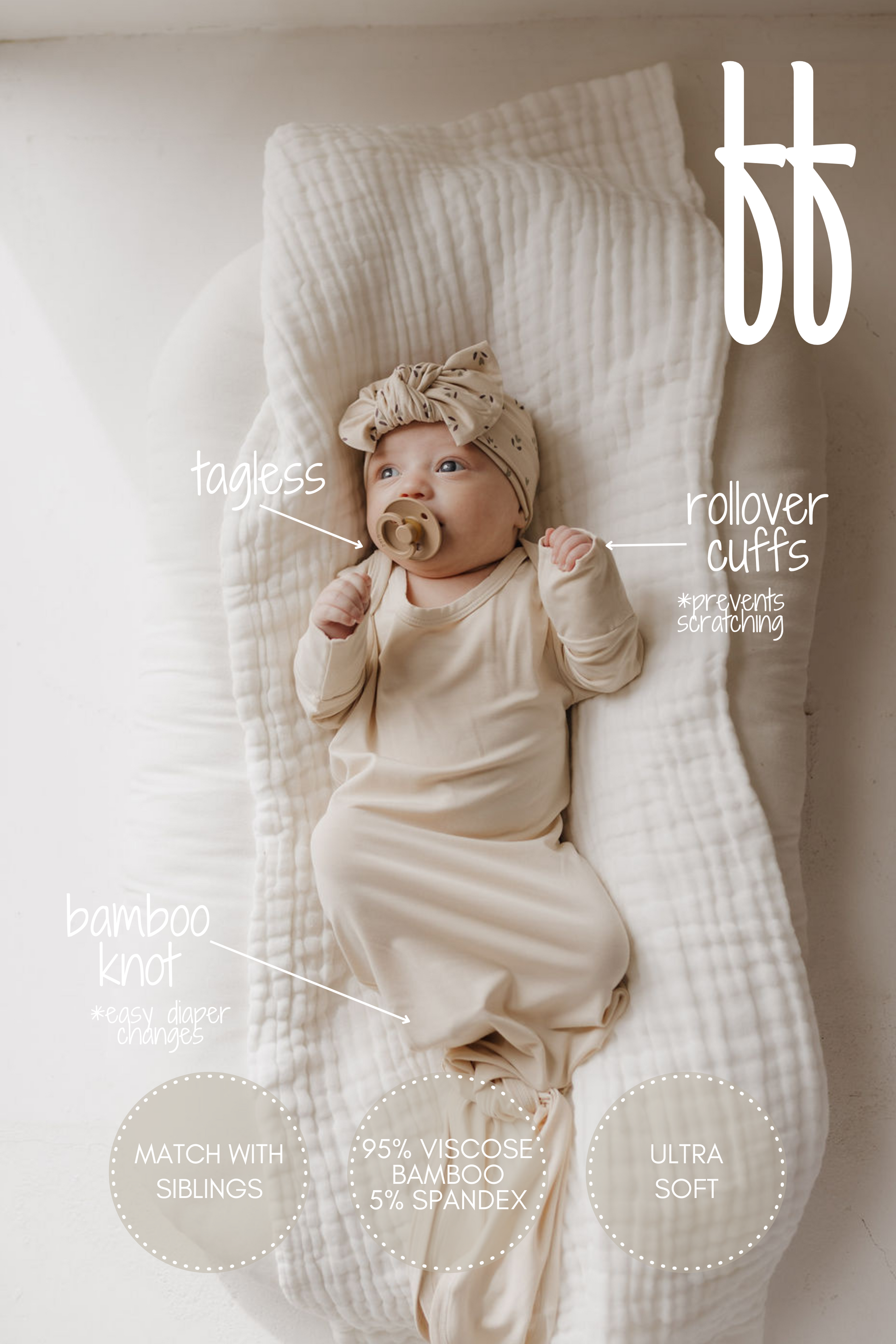 The Bamboo Knotted Gown | Bone by forever french baby is a newborn essential, showcasing a baby in a cream outfit with matching headband and pacifier. It features a hypo-allergenic, tagless design with rollover cuffs and is made of 95% viscose bamboo and 5% spandex.