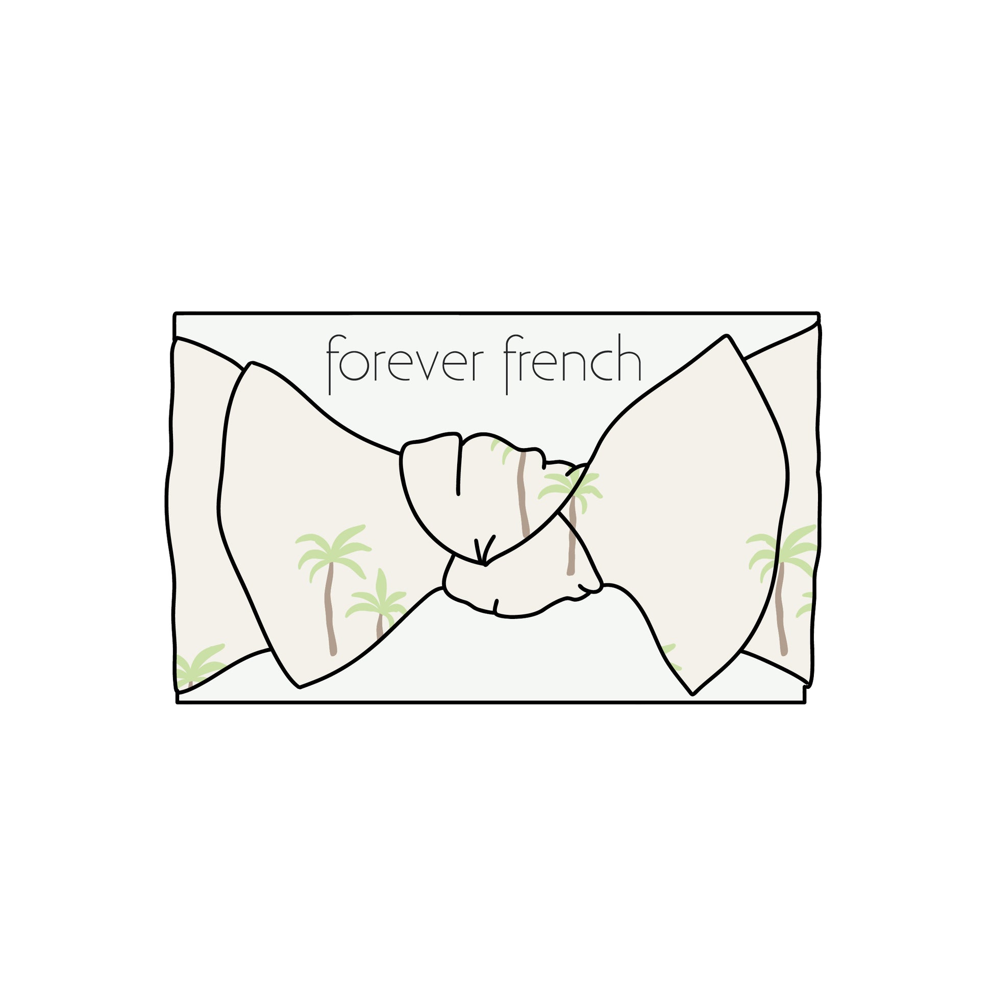A cream-colored Bamboo Head Wrap featuring green palm tree prints by forever french baby, displayed on a card labeled “forever french.”.