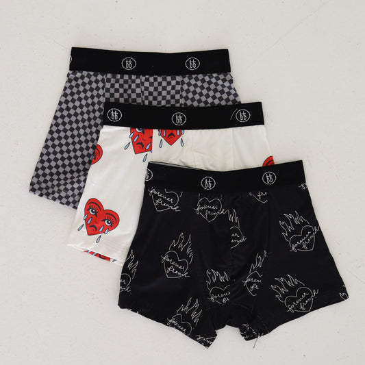 The forever french baby Bamboo Boxers (3 Pack) includes Flaming Hearts, Sad Girl & Street Micro Check designs—hypoallergenic men's underwear crafted for ultimate comfort.