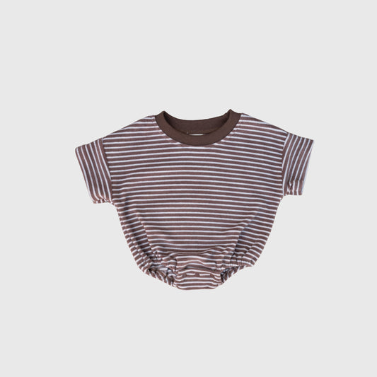 The forever french baby Terry T-Shirt Romper | Cola Stripe features brown and white stripes, a dark brown collar, and elastic leg openings—ideal for baby romper fans or coordinating matching family outfits.