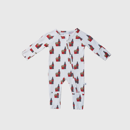 The forever french baby Bamboo Zip Pajamas | Fries & Cola are hypo-allergenic white long-sleeve onesies with a diagonal zipper and a fun red and yellow French fries pattern.