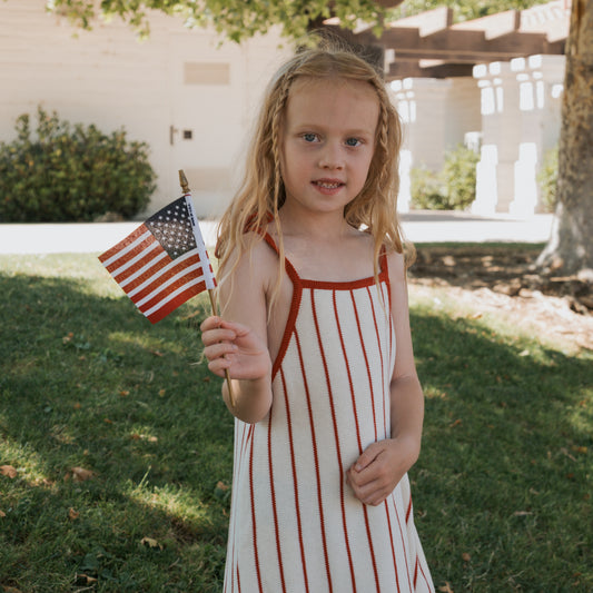 A young girl with long blonde hair wears the forever french baby Knit Dress | Picnic Pinstripe as she stands on grass, holding a small American flag with trees and a white building in the background.
