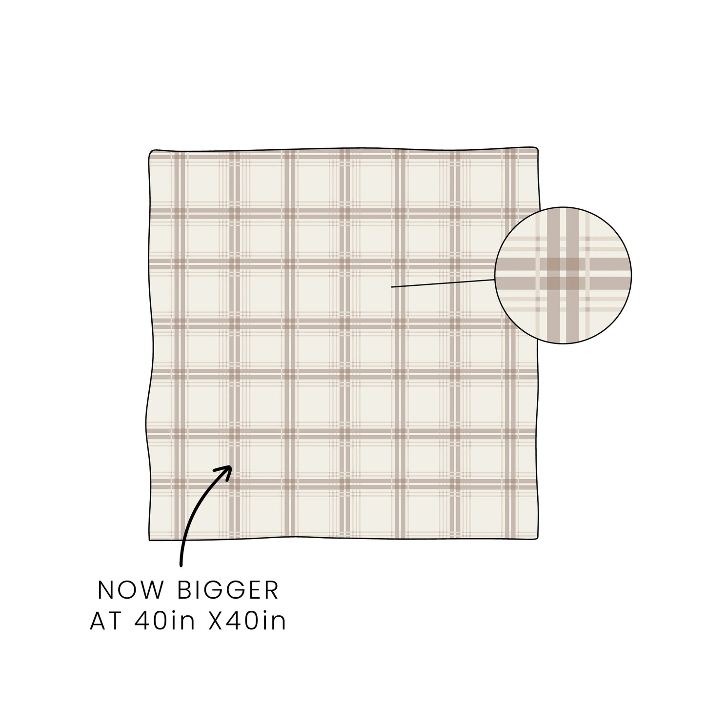 The forever french baby Bamboo Swaddle | Ellis Plaid features a breathable beige and brown plaid fabric. Text reads "NOW BIGGER AT 40in X 40in," with an arrow to the swaddle and a circular magnifier showcasing the plaid pattern.
