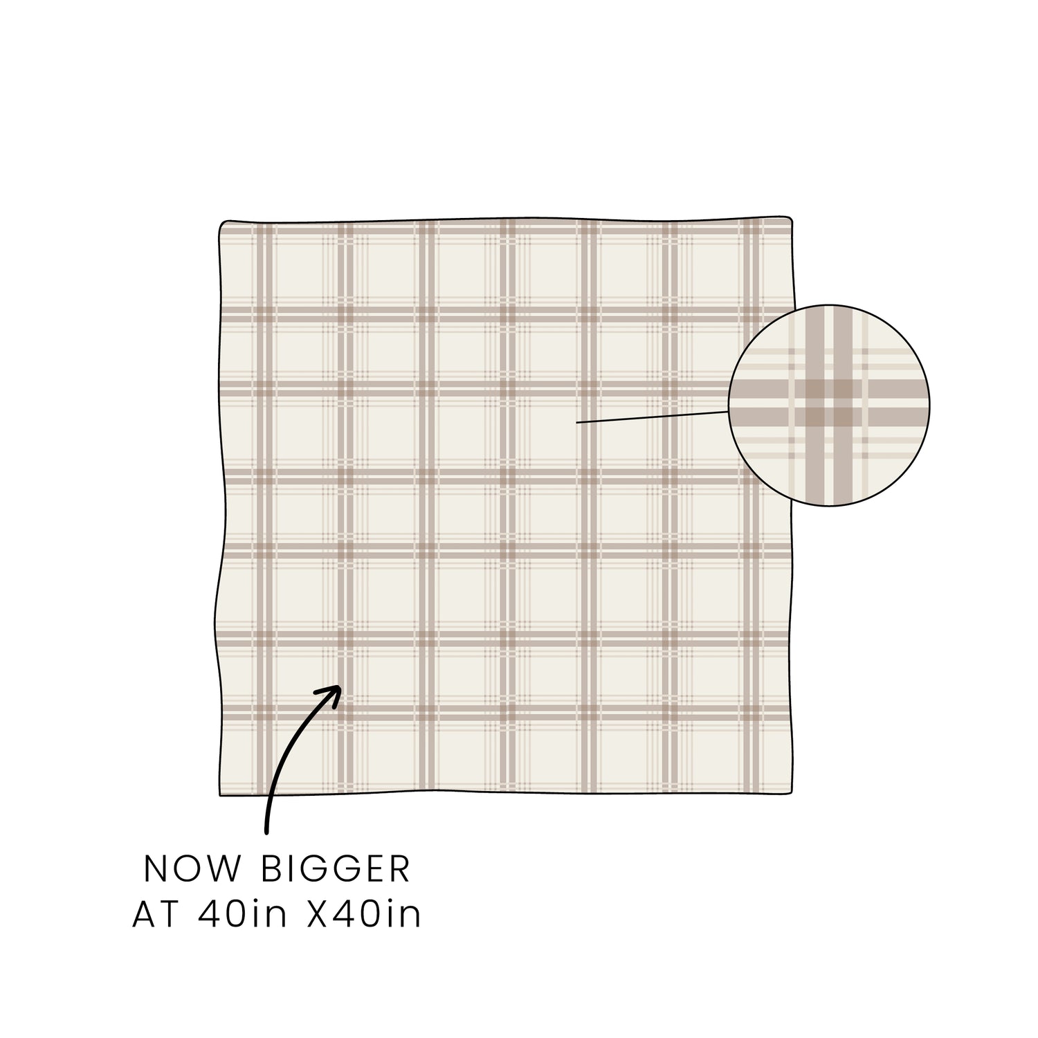 The forever french baby Bamboo Swaddle | Ellis Plaid features a breathable beige and brown plaid fabric. Text reads "NOW BIGGER AT 40in X 40in," with an arrow to the swaddle and a circular magnifier showcasing the plaid pattern.
