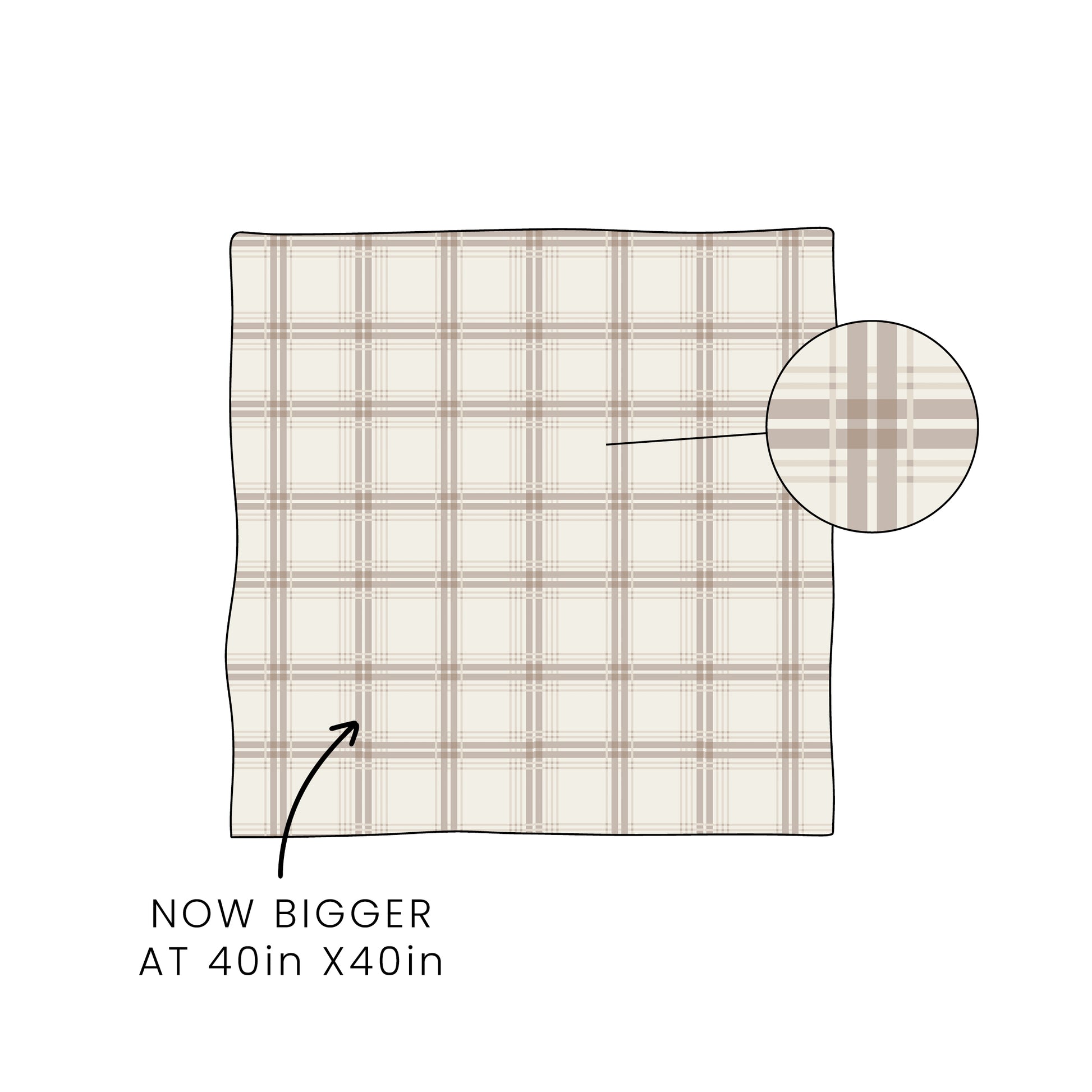 The forever french baby Bamboo Swaddle | Ellis Plaid features a breathable beige and brown plaid fabric. Text reads "NOW BIGGER AT 40in X 40in," with an arrow to the swaddle and a circular magnifier showcasing the plaid pattern.