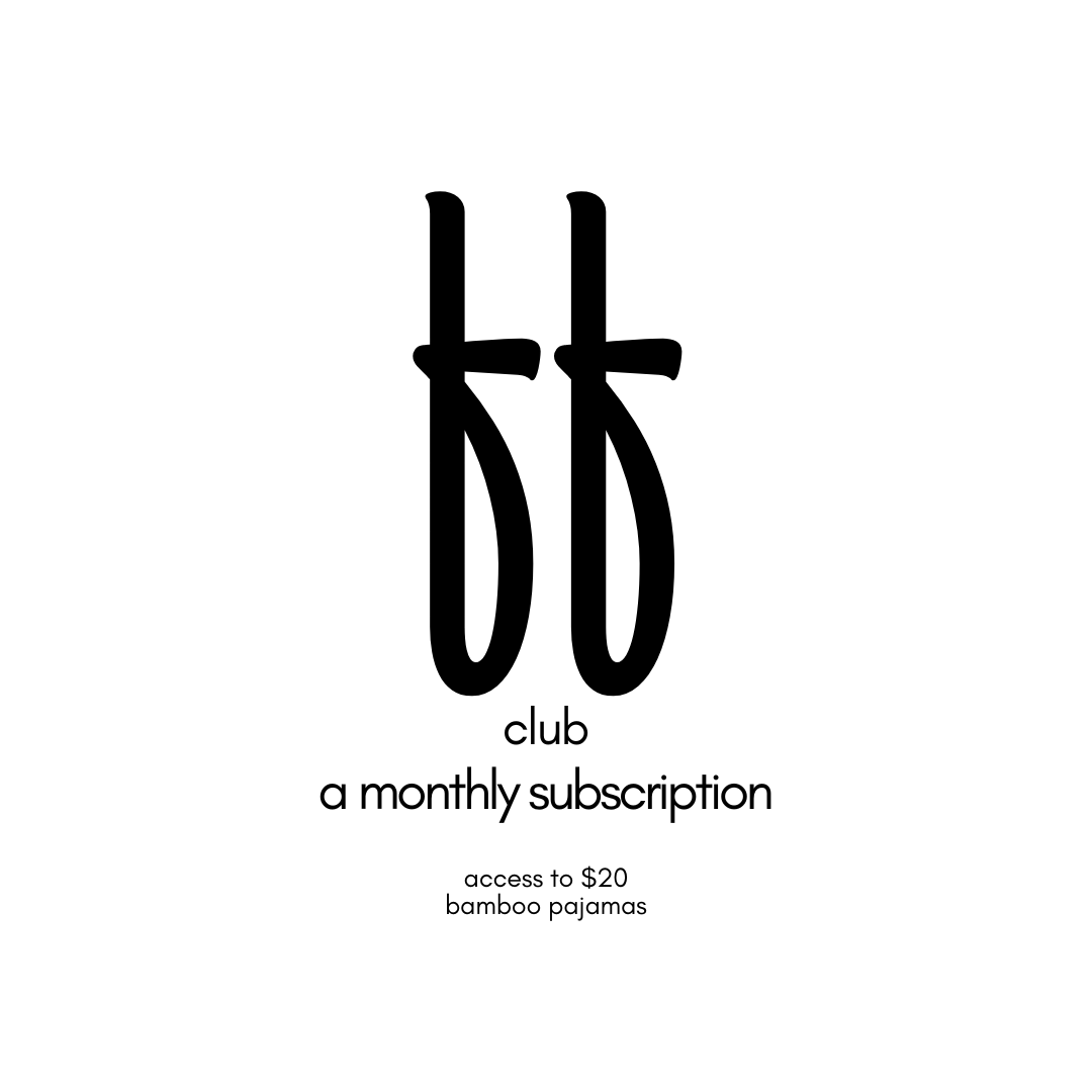 The image showcases a stylized logo with the letters "ff" above the text "club" and "a monthly subscription." Below that, it promotes access to an exclusive collection of $20 bamboo pajamas offered by forever french baby. The overall design is minimalist, featuring black text on a white background.