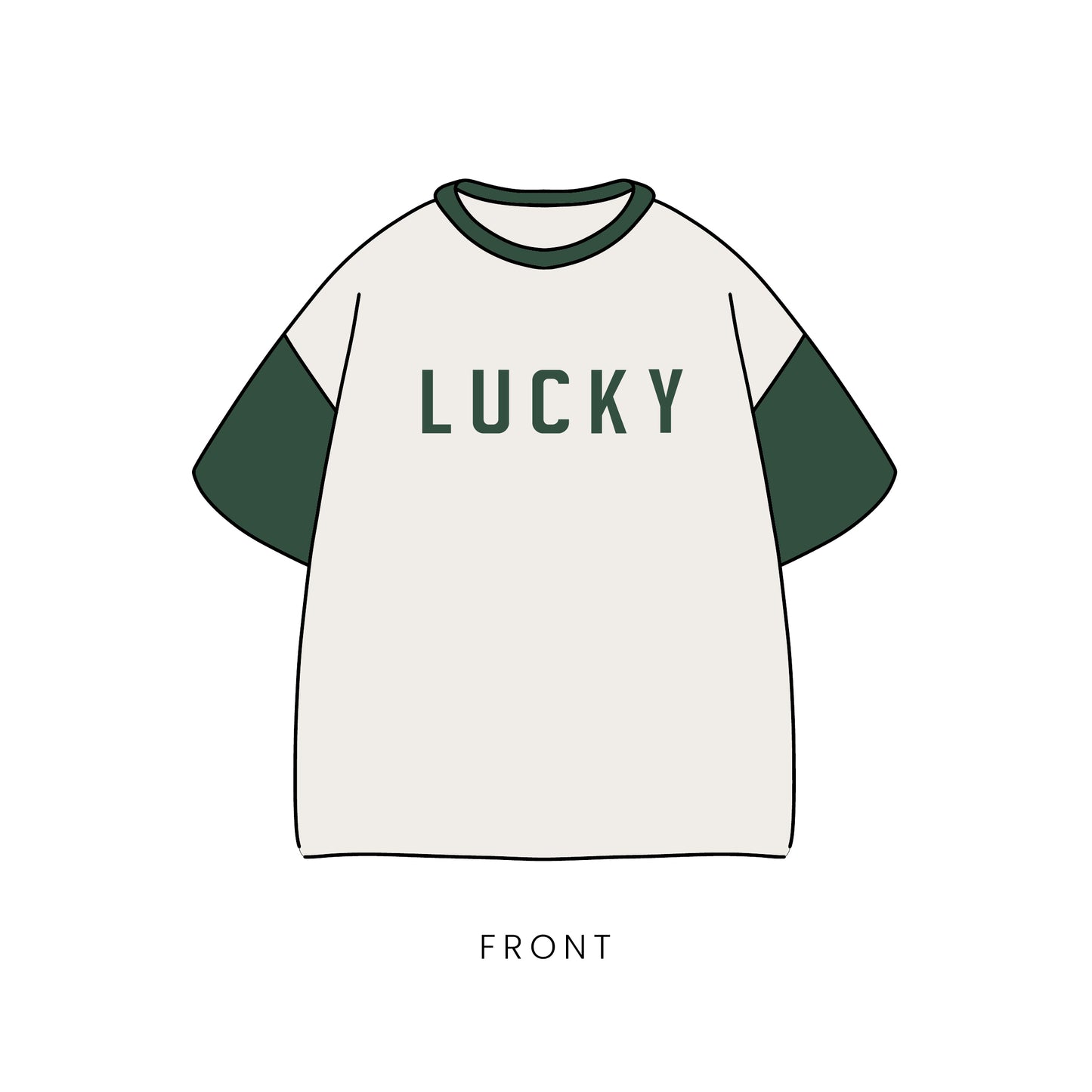 Illustration of the forever french baby Adult Cotton Tee | Lucky: a white shirt with dark green sleeves and collar, “LUCKY” in bold green on the chest—ideal for St. Patrick’s Day. "FRONT" is labeled below the shirt.