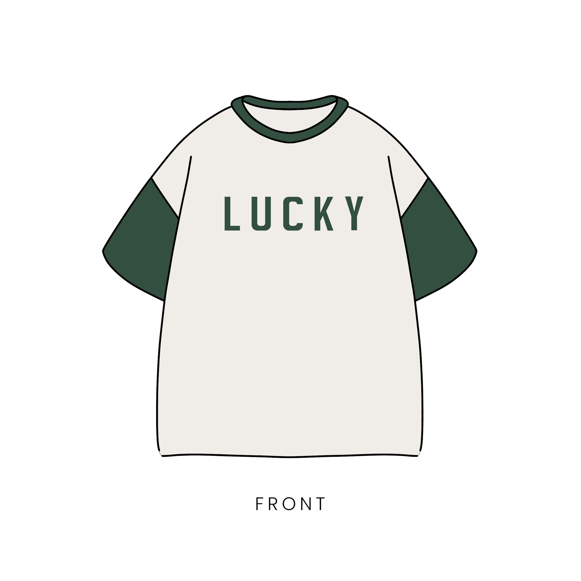 Illustration of the forever french baby Adult Cotton Tee | Lucky: a white shirt with dark green sleeves and collar, “LUCKY” in bold green on the chest—ideal for St. Patrick’s Day. "FRONT" is labeled below the shirt.