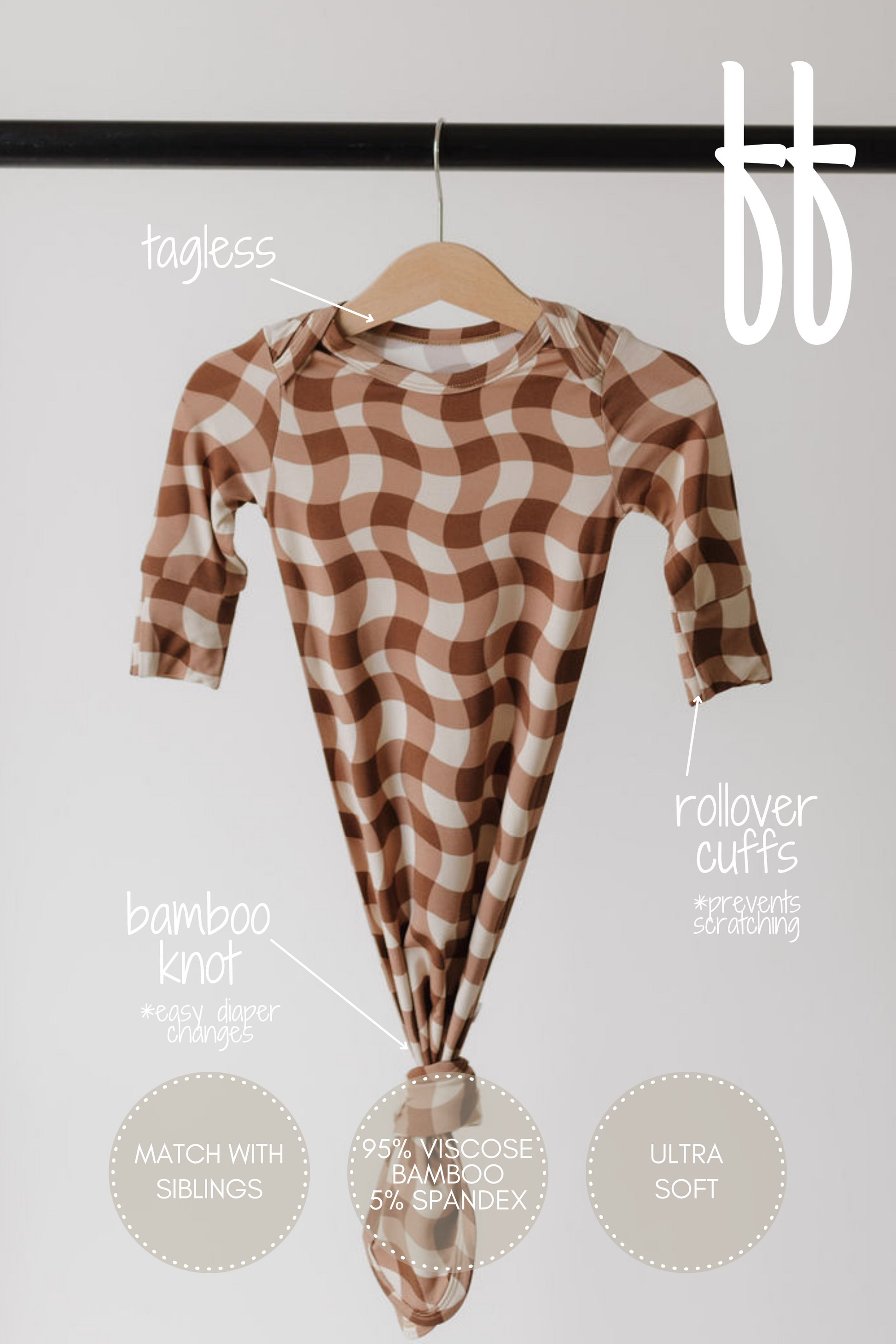 The "Bamboo Knotted Gown | Groovy Gingham" by forever french baby is a long-sleeve baby onesie featuring a brown and white wavy pattern, tagless design, bamboo knot for easy diaper changes, rollover cuffs to prevent scratching, and hypoallergenic fabric made from 95% viscose bamboo and 5% spandex.