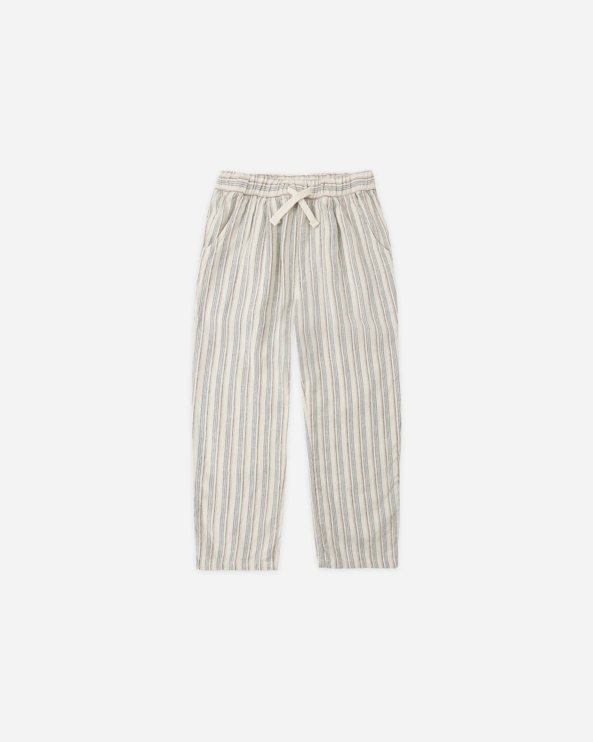 The Rylee + Cru Ethan Trouser | Nautical Stripe features light, loose-fit pants with vertical blue and beige stripes, an elastic waistband, and a cream drawstring. Displayed on a white background.