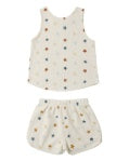 The Kaycee Set | Stars by Rylee + Cru is a children’s sleeveless cream-colored top paired with matching shorts, both adorned with a pattern of small, multicolored stars. The outfit is displayed laid flat on a white background.