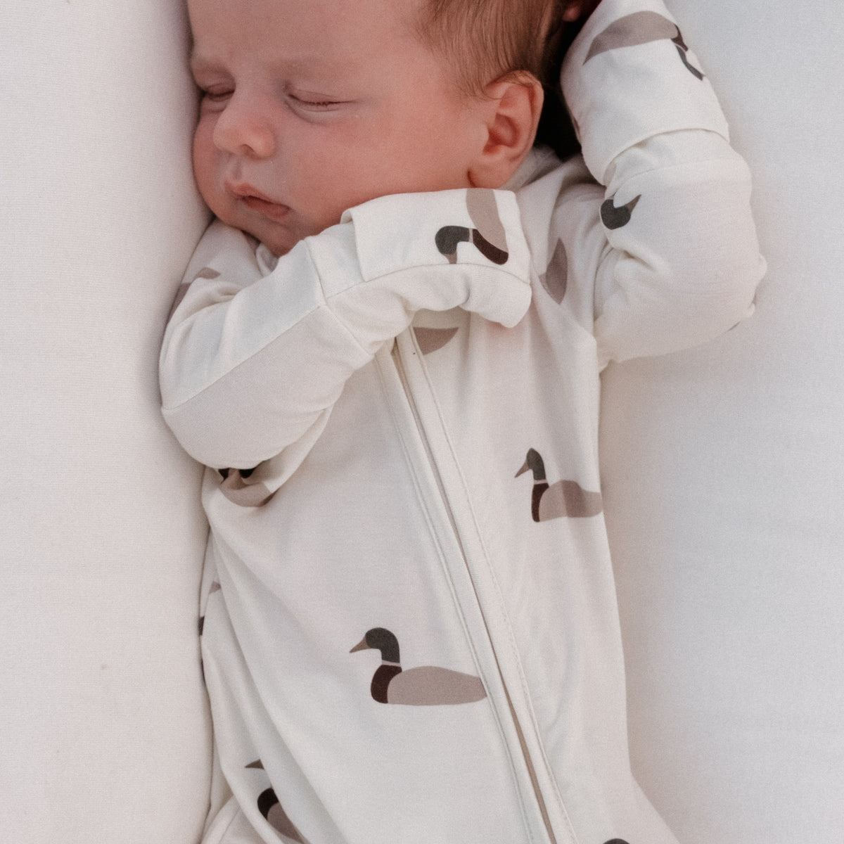 A baby rests quietly on a white surface, dressed in the forever french baby Bamboo Zip Pajamas | Mallard, featuring a cozy cream zip-up onesie adorned with an adorable pattern of mallard ducks in brown and gray. Made from bamboo fabric, these pajamas are exceptionally soft, hypoallergenic, and gentle on delicate skin—making them the perfect choice for your little one’s comfort.