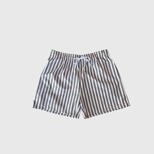 The forever french baby Men's Board Short in Olive Stripe features vertical stripes, an elastic waistband, and a white drawstring—an ideal pick for the Forever French style.