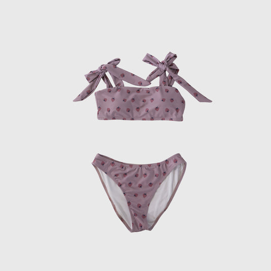 The forever french baby "Matilda" Women's Two Piece Swimsuit features a lavender base with small red hearts, a bandeau top with shoulder ties, and matching bottoms, shown on a white background.