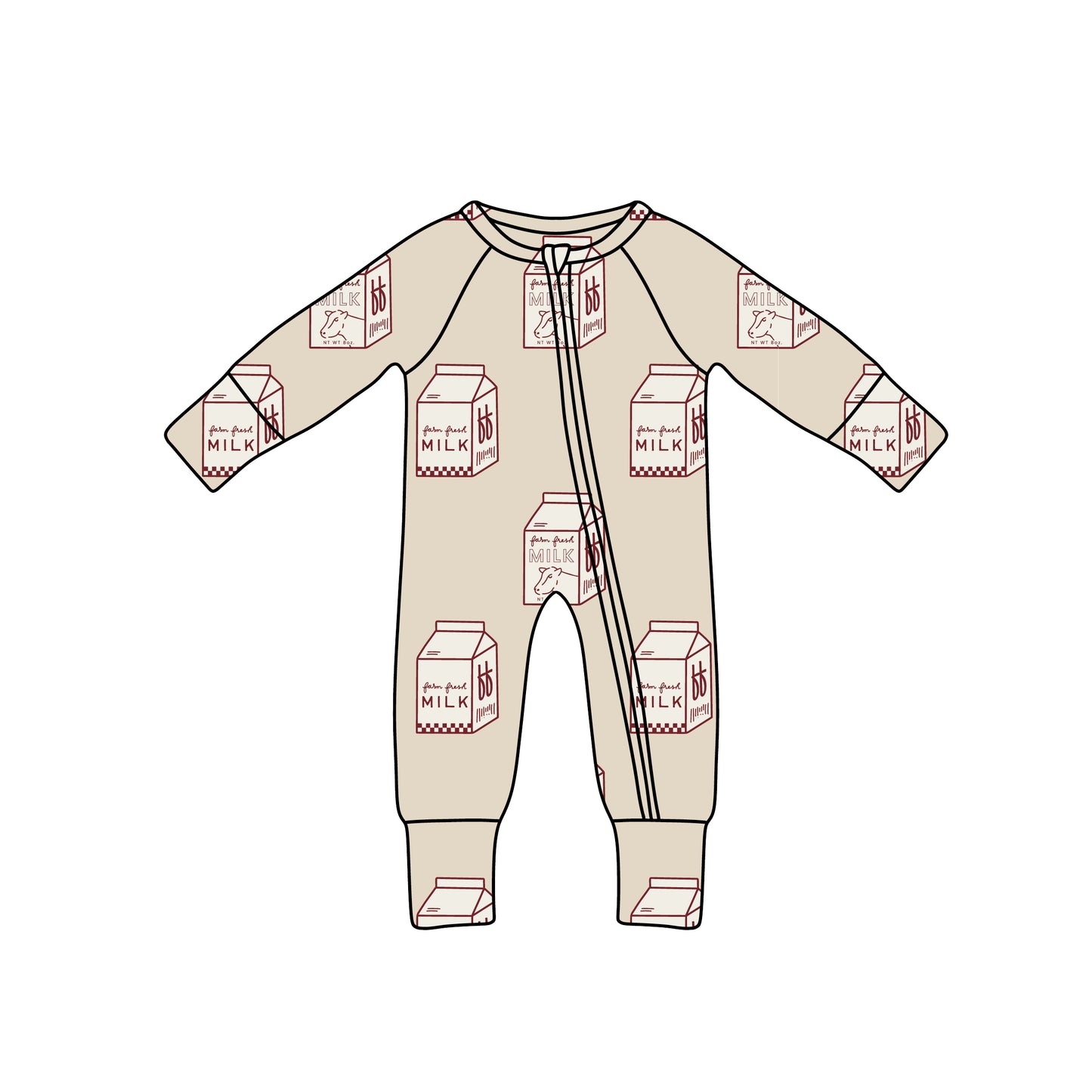 The forever french baby Bamboo Zip Pajamas | Milk are beige, long-sleeve onesies with red milk carton prints and a diagonal neck-to-leg zipper. Made from breathable fabric for ultimate comfort.