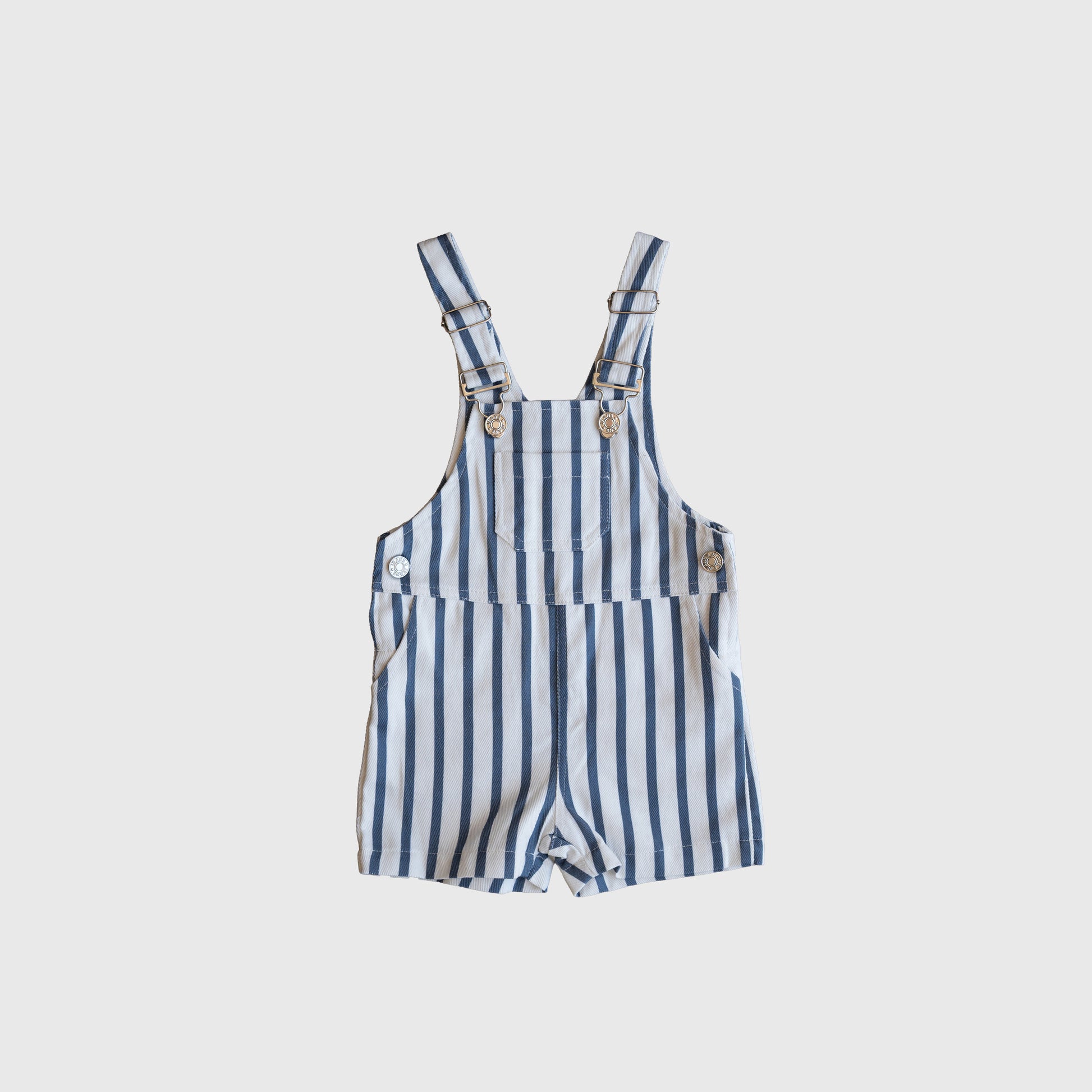 Forever french baby Overalls | Denim Stripe—blue and white striped toddler overalls with adjustable straps and front buttons, shown on a white background. Perfect for stylish little ones.