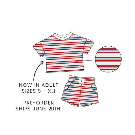 Illustration of forever french baby's *PRE-ORDER* Women's Short Set | Heritage Stripe in red and white. Now available in adult sizes S–XL! Pre-orders ship June 20th.