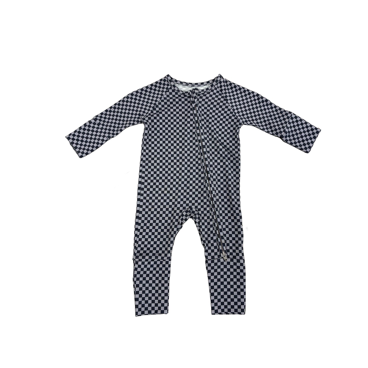 The forever french baby Bamboo Zip Pajamas | Street Micro Check is a long-sleeved, full-length romper with a black and white check pattern, made from breathable bamboo fabric and featuring a diagonal front zipper, shown laid flat on a white background.